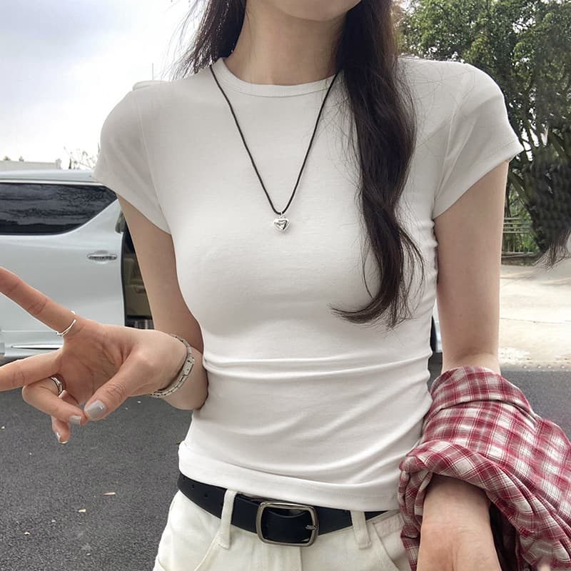 American hot girl round neck simple slim fit short T-shirt women's basic commuting versatile short-sleeved bottoming top