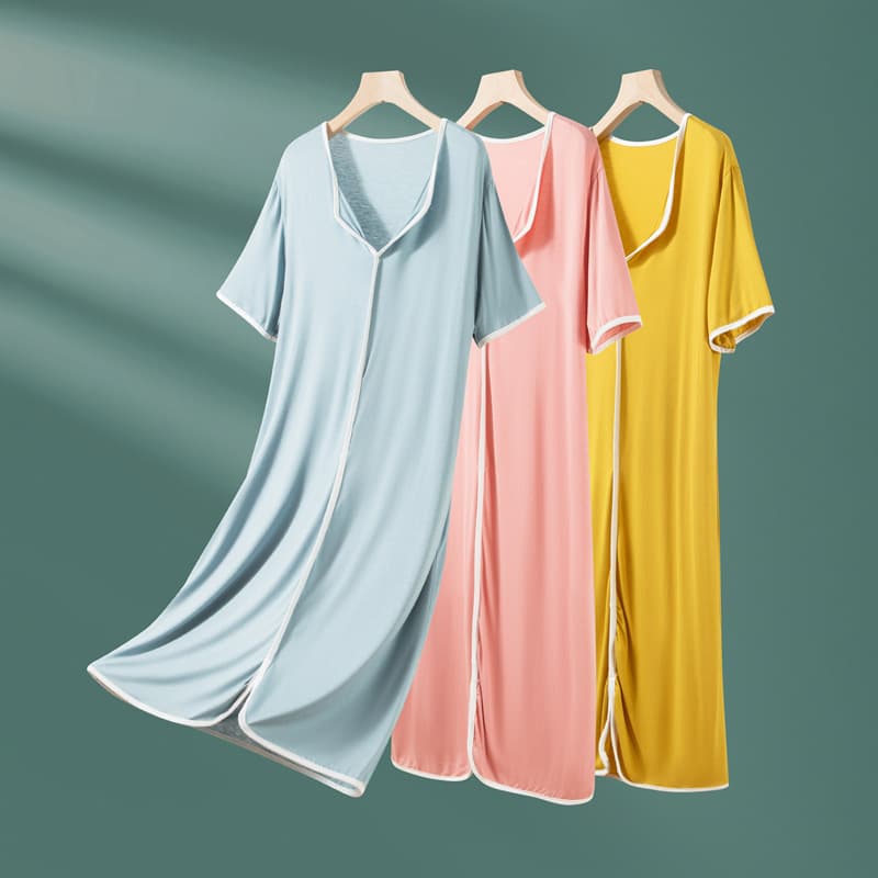 Women's Short Sleeve Modal Home Dress with Small Turn-Down Collar, Mid-Length Sleep Dress and Robe, Wearable Outdoors for Summer