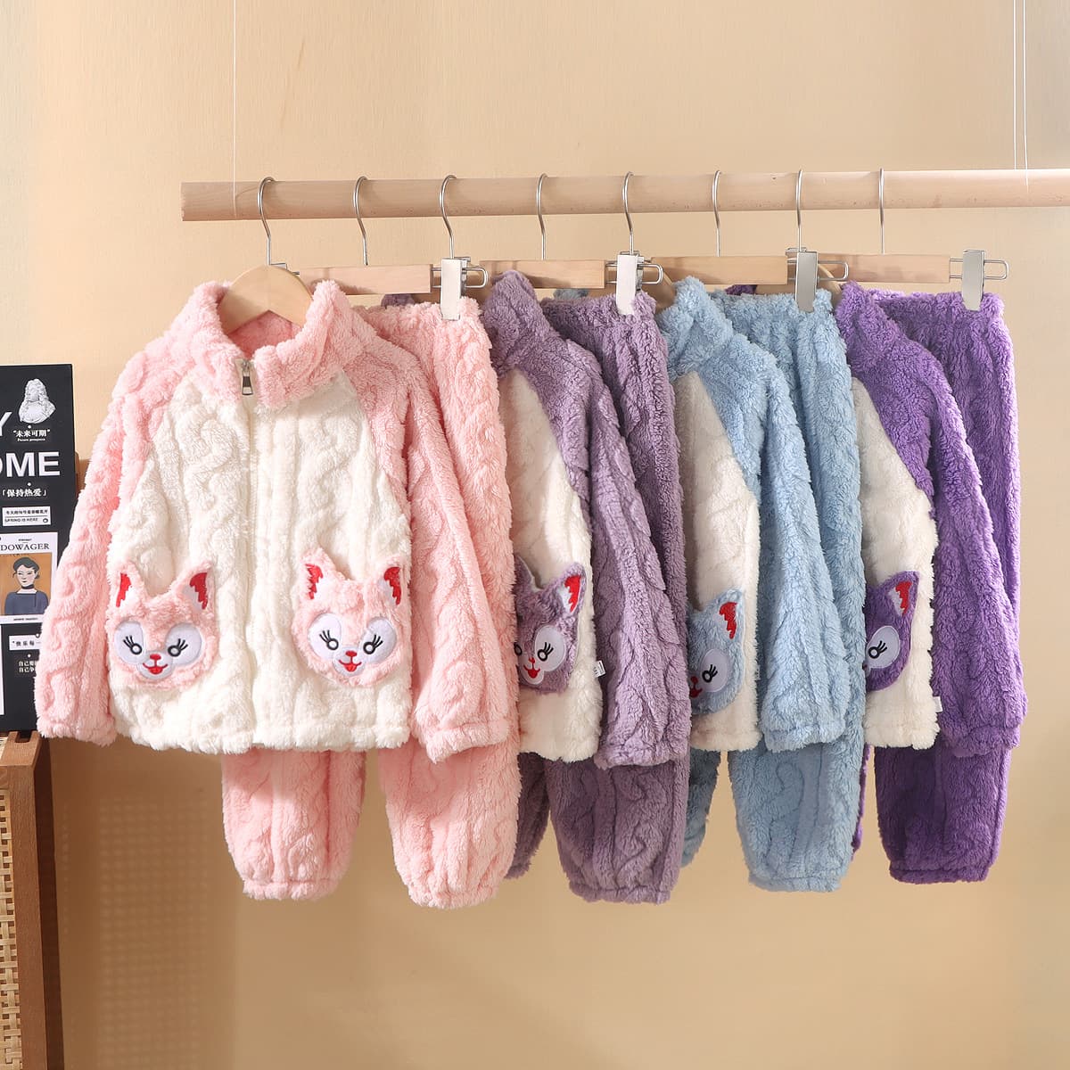 New Kids' Homewear Pajama Set Thick Winter Coral Fleece Boys Girls Sleepwear Top and Pants Two-Piece Set