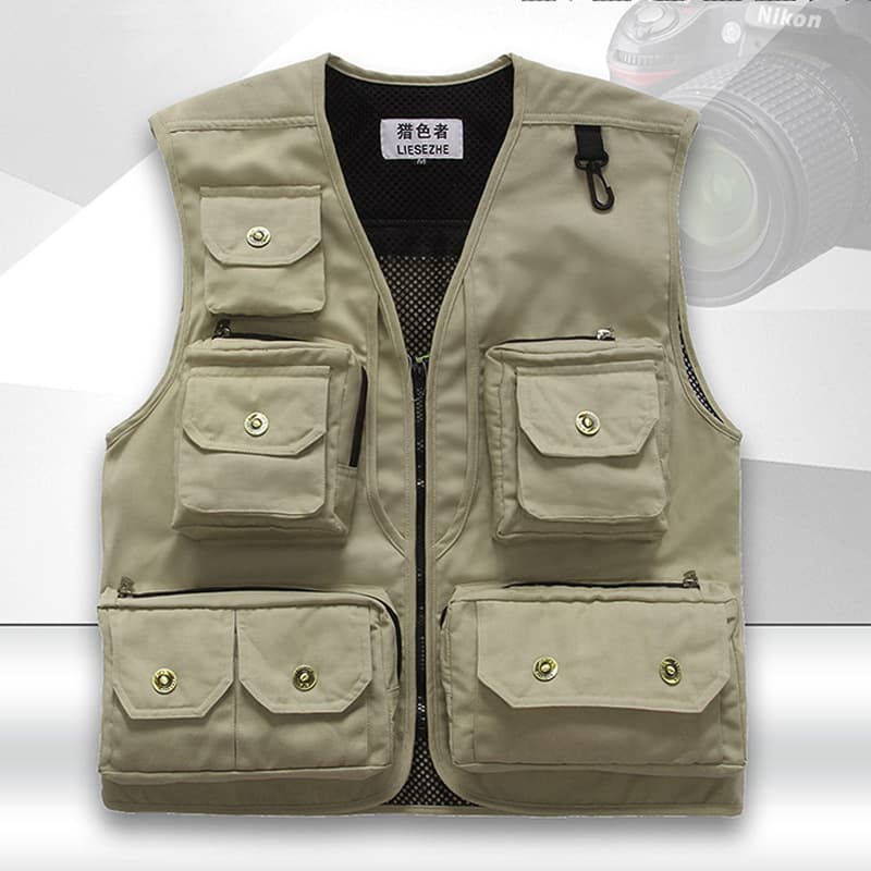Men's Cotton Photography Vest with Logo Printing, Multi-Pocket Vest for Volunteers, Journalists, Photographers, and Fishing
