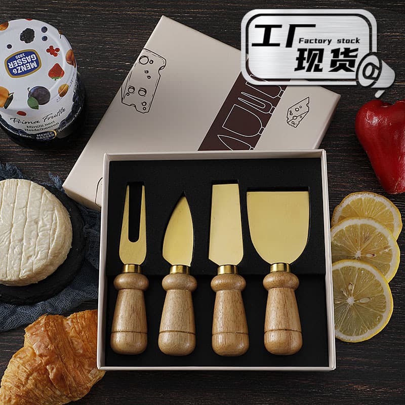 Cross-border In-Stock Stainless Steel Cheese Knife with Rubber Wood Handle, Cheese Butter Pizza Knife Cake Tool Cheese Knife Set