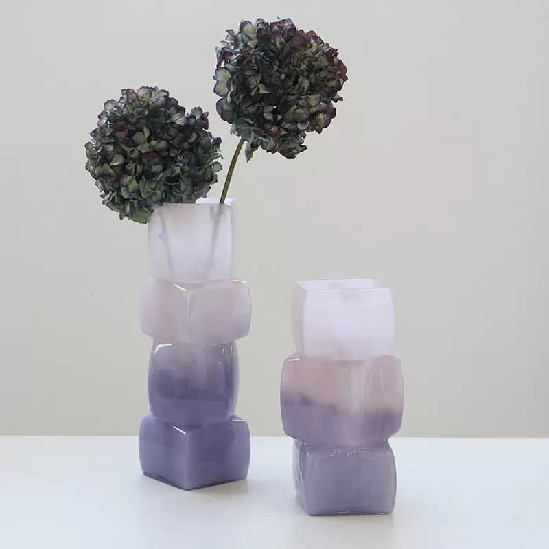 Vintage Creative Irregular Gradient Magic Cube Colored Glass Vase for Home Decor, High-End Fresh Flower Vessel