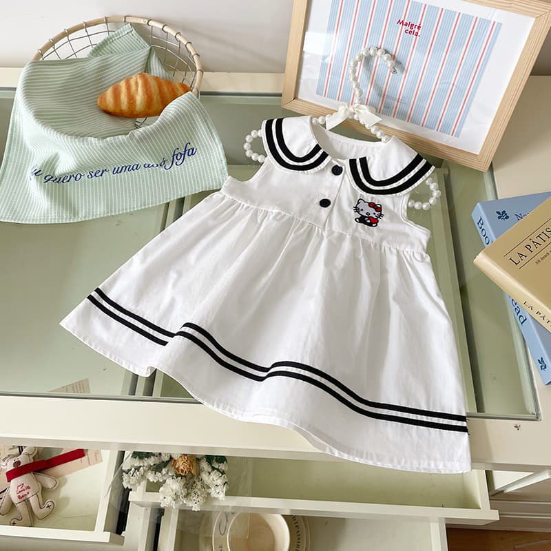 [Ready Stock] Girls Dress 2025 Summer New Striped Lapel Kt Cat Embroidery College Style Princess Dress