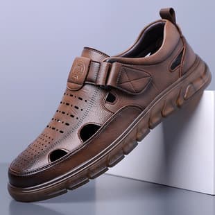 2026 New Breathable Men's Leather Sandals, Hollow Hole Shoes, Wholesale Casual Cross-Border Soft Sole Dad Sandals, Drop Shipping