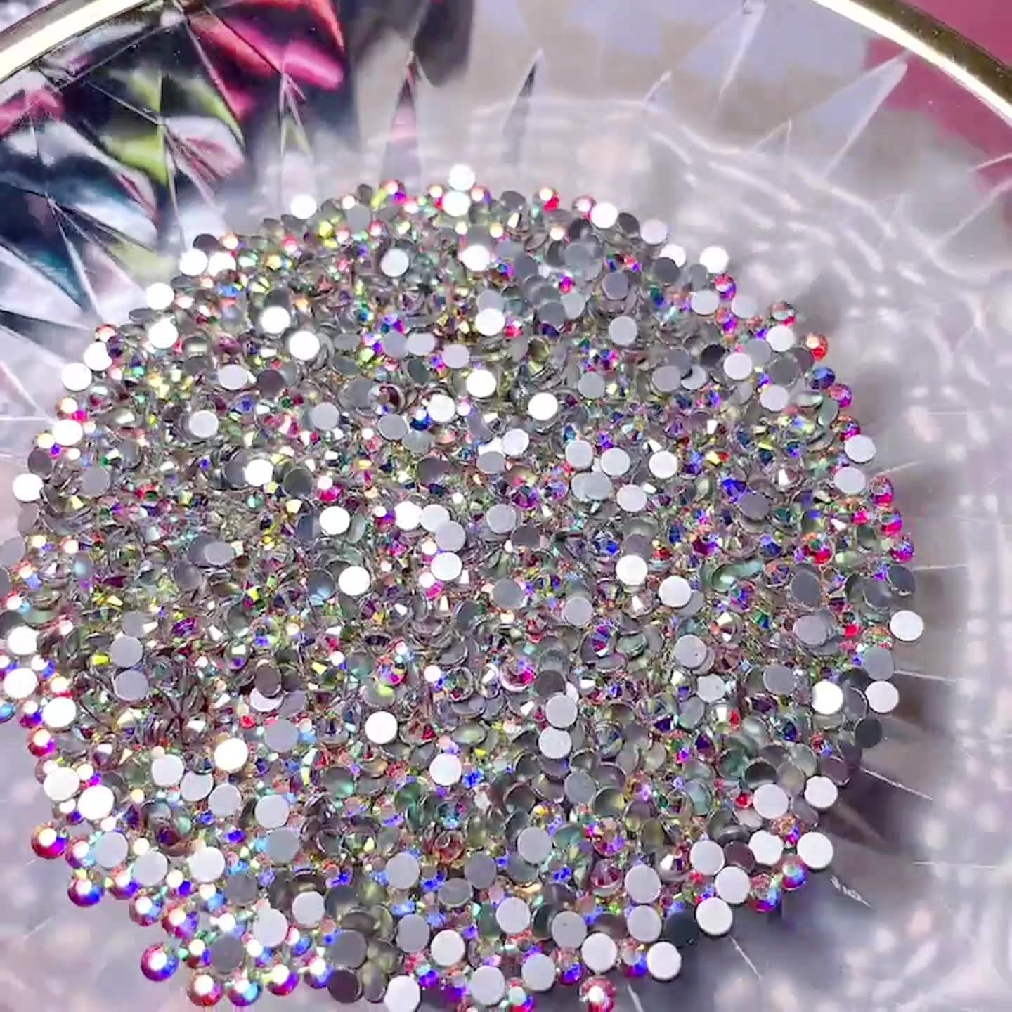1440 flat transparent glass manicure diamonds, AB color crystal color round glass diamonds, bagged super flash manicure diamonds