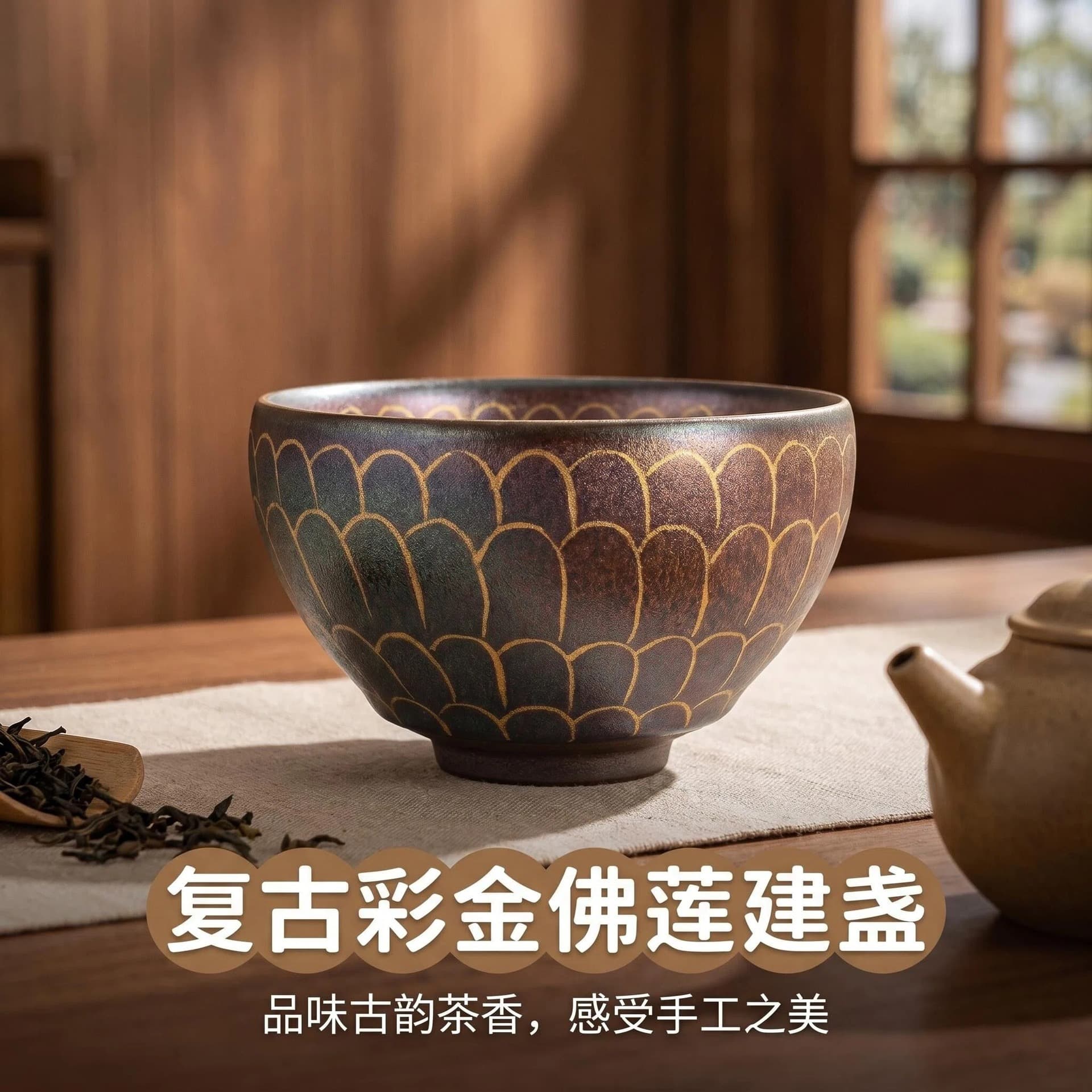 Colorful Gold Buddha Lotus Jian Zhan Master Cup Retro Gold-Painted Lotus Ceramic Tea Cup Tasting Cup Kung Fu Tea Set Direct Supply
