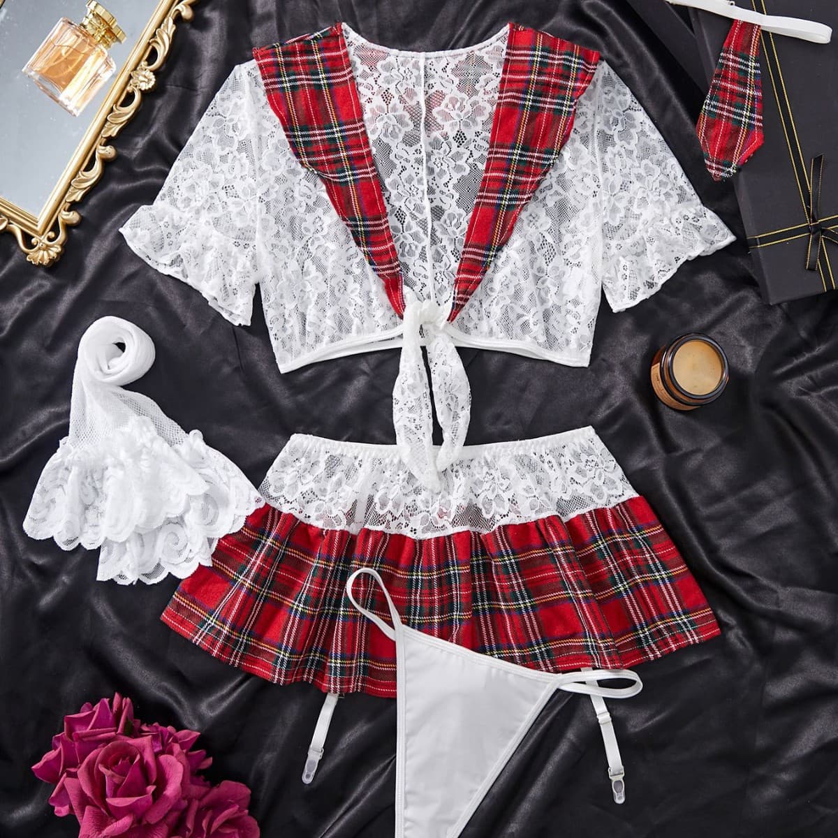 cosplay European and American cross-border hot-selling uniform temptation cosplay plaid pleated skirt sexy lingerie multi-piece set