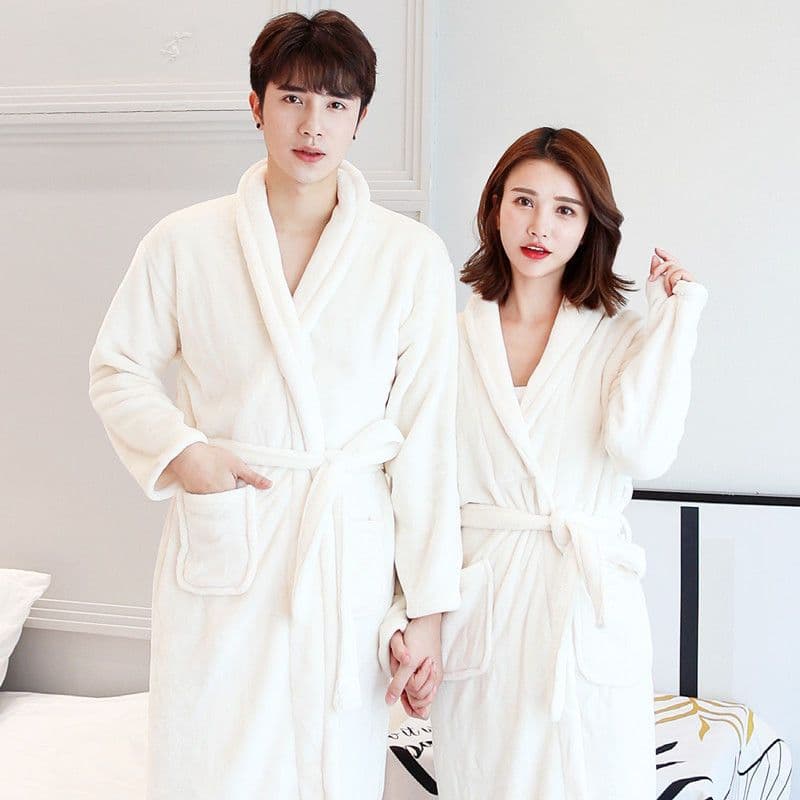 Thickened Flannel Couple Bathrobe, Autumn and Winter Sleepwear Coral Fleece Long Robe for Men and Women