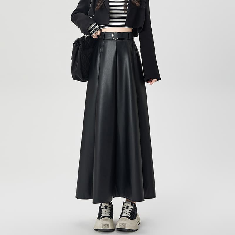 PU Leather Black Skirt for Women 2025 Autumn Winter Pleated A-Line High Waist Slimming Flowy Casual Long Leather Flare Skirt