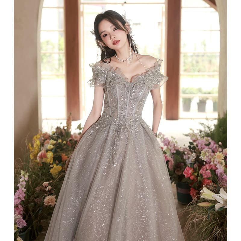 Gray Evening Dress One-Shoulder 2026 New Women's Art Exam Celebrity Princess Style Host Adult Ceremony Dress