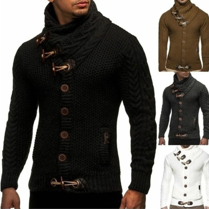 European/American Cross-Border Foreign Trade Autumn/Winter Men's Slim Fit High Neck Single Button Cardigan Large Size Long Sleeve Knit Sweater Men's Clothing