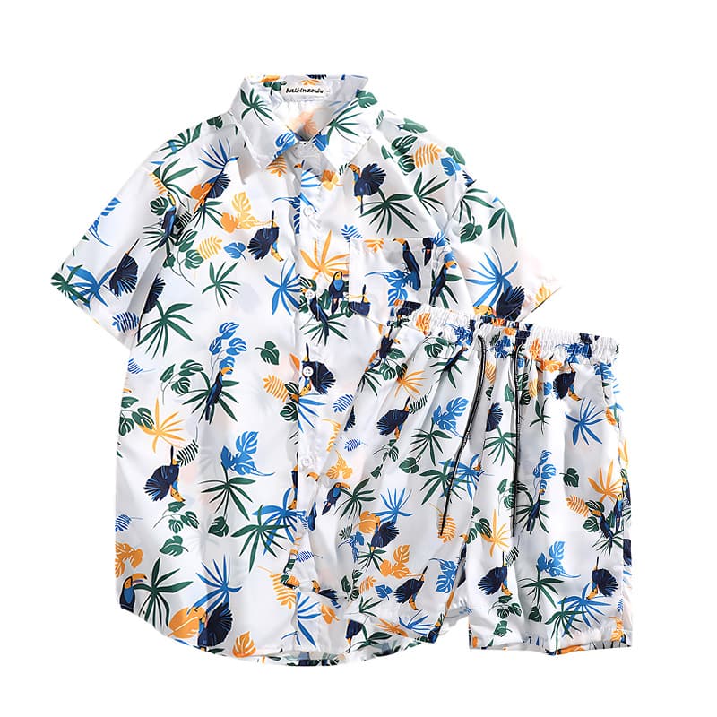 Hawaiian style shirt men's ins summer loose short-sleeved shorts suit trendy and handsome beach floral couple clothes
