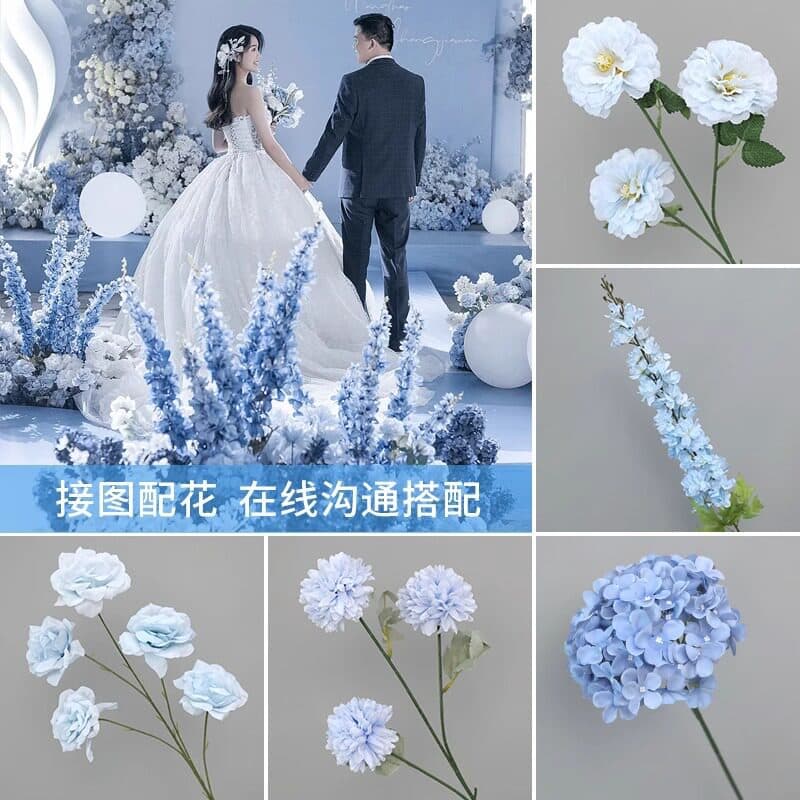 Blue Artificial Flowers Home Decor Wedding Floral Silk Flowers Wedding Hall Decoration Arrangement Rose Bouquet Plastic Flowers