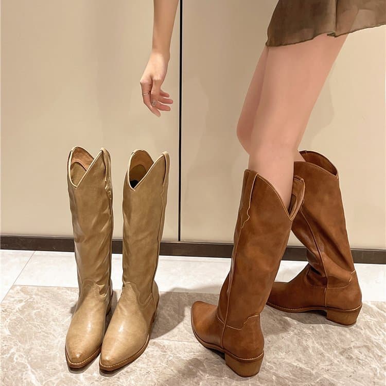 Pointed-toe western cowboy boots for women, no more than knee boots 2024 autumn and winter new style retro V-mouth thick heel high knight boots