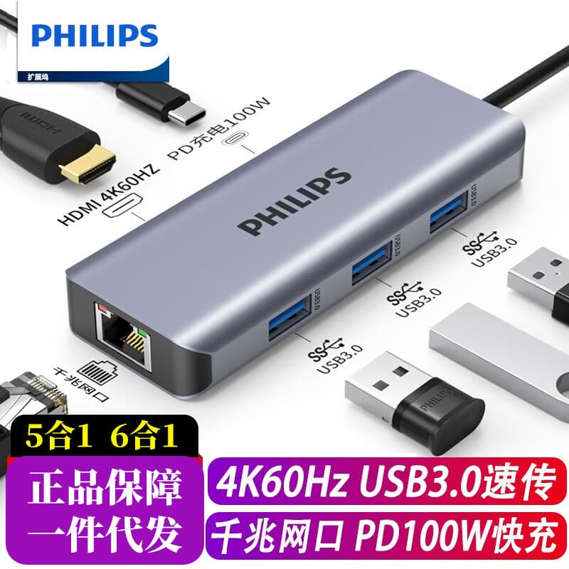 Philips Type-C Expansion Dock RJ45 Interface Converter Six-In-One Line Splitter USB3.0 Docking Station for Business And Travel