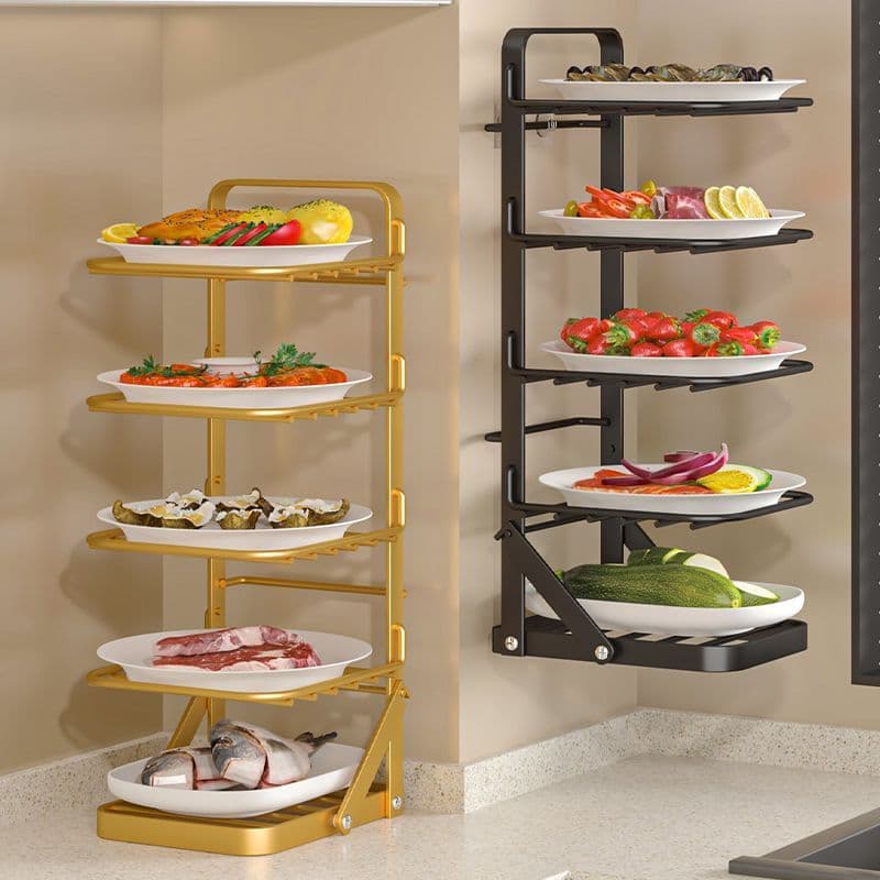 No-Drill Multi-layer Wall-Mounted Dish Rack, Versatile Hot Pot Prep and Desktop Storage Stand for Kitchen