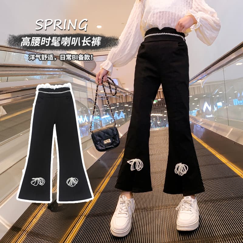 2026 Girls Spring New Bow Korean Style Slim Flared Pants Fashionable Pearl Jeans for Big Kids