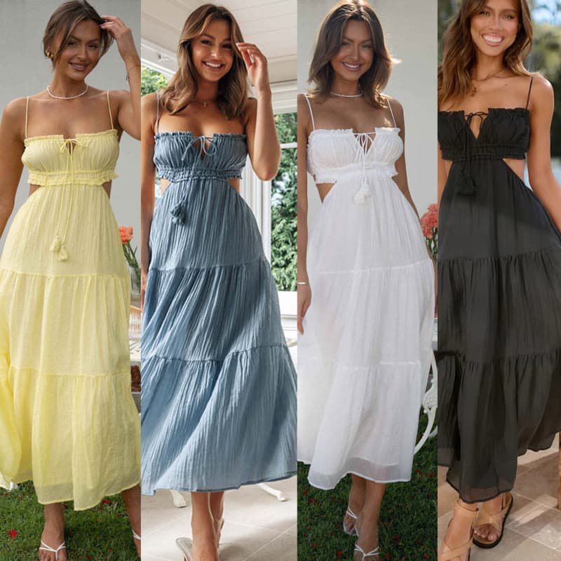Cross-border European and American fashion 2023 new v-neck sleeveless solid color stitching long dress with large hem