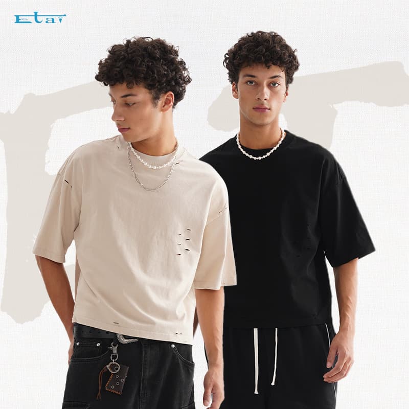 ETAI Men's Clothing | American Street Retro Vintage Washed Solid Men's T-Shirt High Quality Heavyweight 100% Cotton Short Wide Fit Short Sleeve