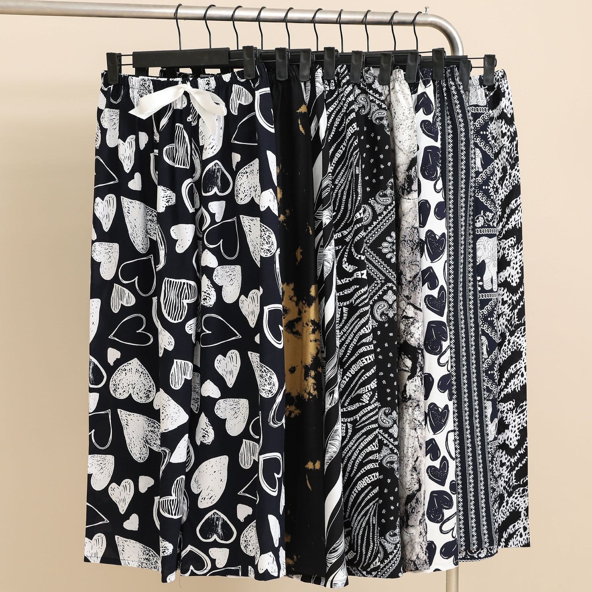 Women's Cotton Silk Pajama Pants, Summer Thin Black and White Cartoon Wide-Leg Pants, Plus Size Loose Fit for Outdoor Wear, Export Beach Shorts