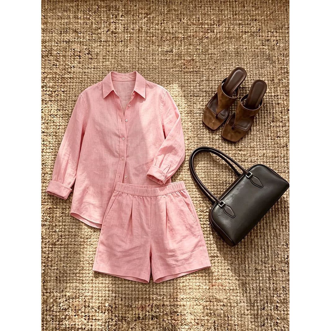 Unique Pretty Pink Sun Protection Casual Sportswear Set for Women Summer Thin Long Sleeve Shirt Shorts Vacation Style Two-Piece Set