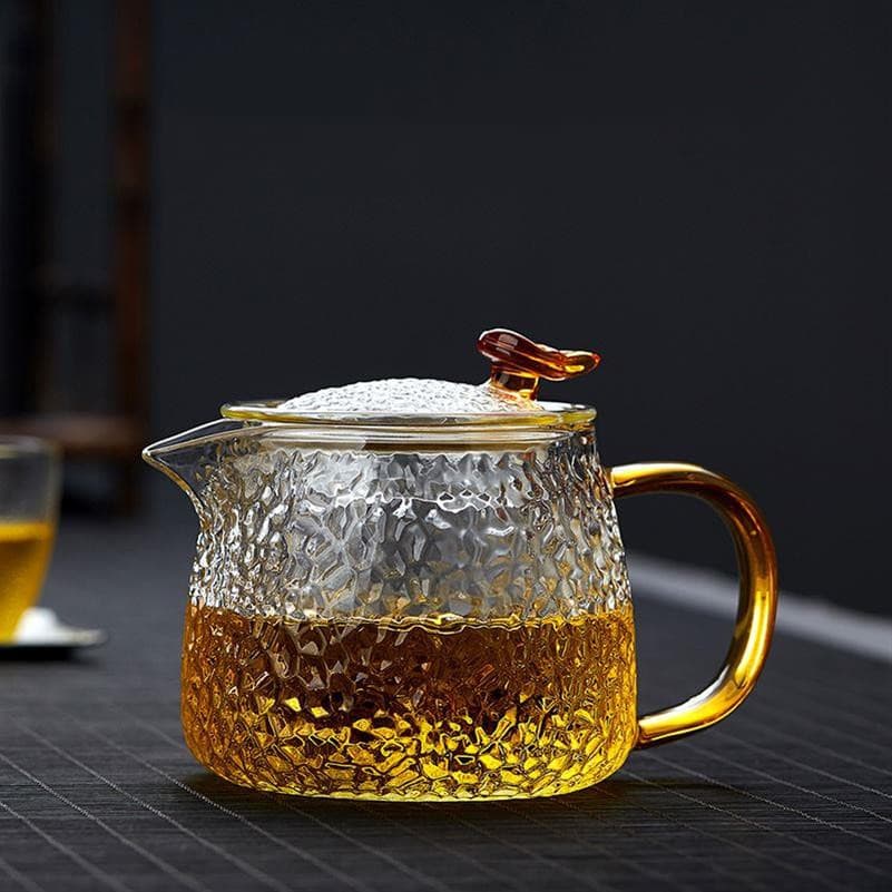 Retro Hammered Glass Teapot, High Borosilicate Glass Filter Tea Brewer with Colorful Handle for Home Use