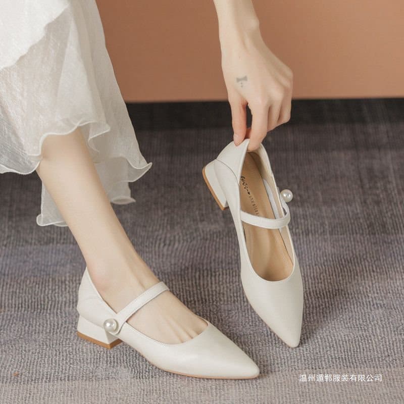 Brand Pearl Mary Jane Chunky Heel Pointed Toe Shoes for Women, Comfortable Slip-On Work Shoes, Fairy Style French Design