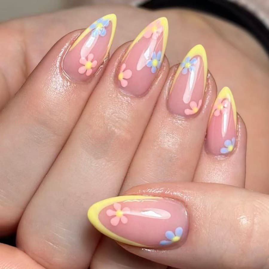 Medium-Sized Glossy Water Drop Nails, European and American Cross-Border Spring Style, Yellow French Style, Pink and Blue Sweet Floral Press-On Nails, 24 Pieces