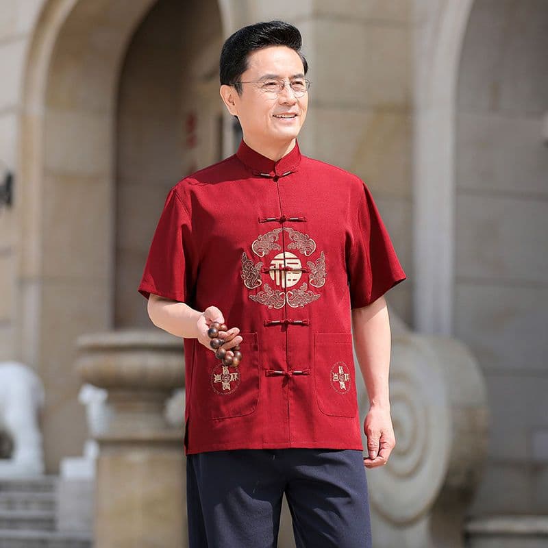 Short Sleeve Tang Suit Set Men's New Spring Summer Thin Chinese Style Hanfu Dad Outfit Grandpa Embroidered Clothing