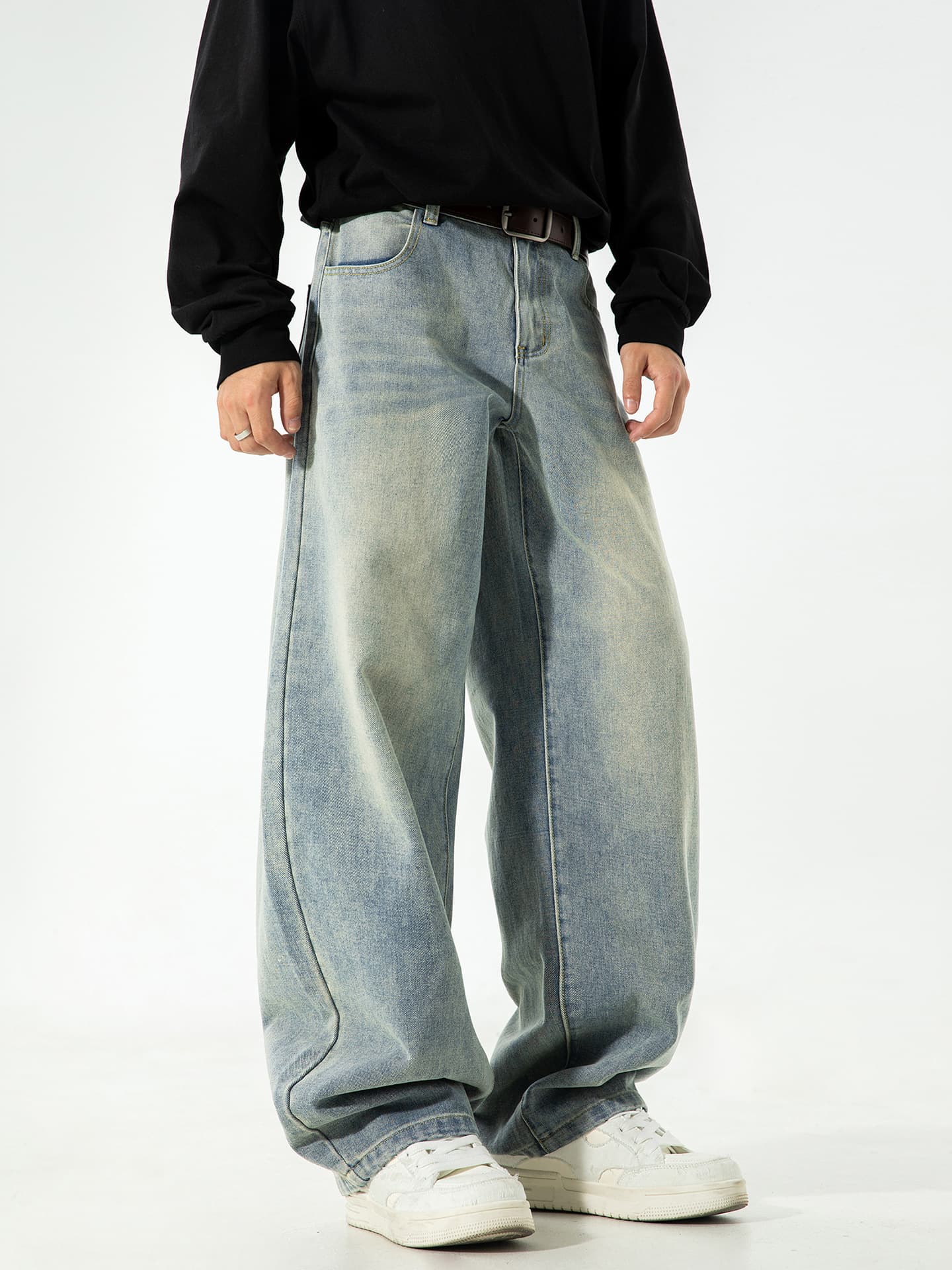 American Vintage Washed Distressed Straight-Leg Jeans for Men, New Fall Style, Loose-Fit Casual Long Pants