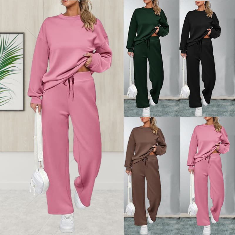 2024 Cross-Border European and American Knitted Women's Two-Piece Set: Long-Sleeve Top and Casual Wide-Leg Pocket Pants