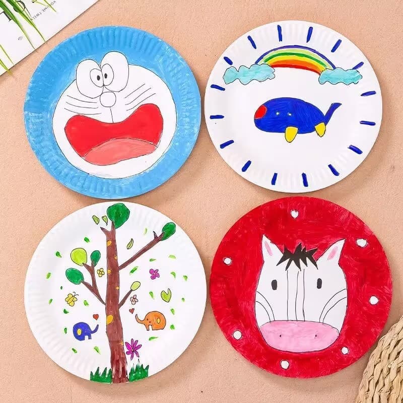 Children's Art Hand-Painted Plates, Disposable White Paper Plates for Kindergarten Drawing, DIY Craft Material Paper Plates