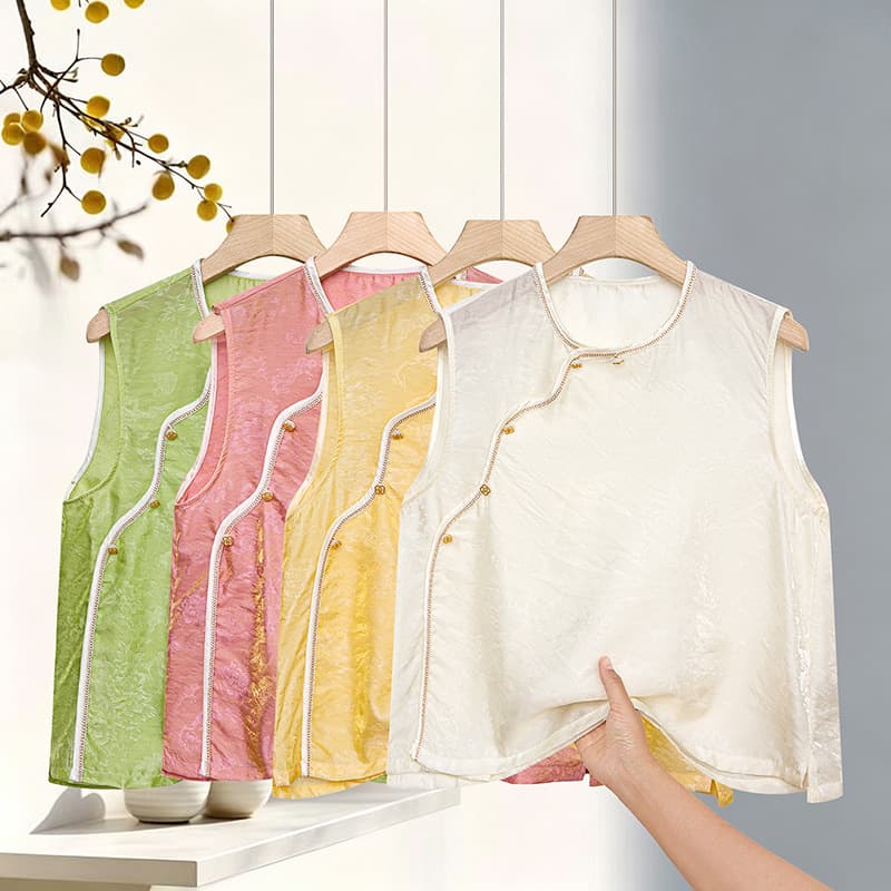 New Chinese Vintage Series Floating Light Brocade New Chinese Style Women's Top with Stand Collar and Frog Buttons, Sleeveless, Elegant Mother's National Style Top