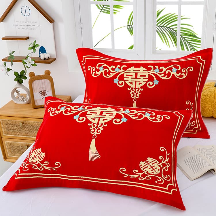 Wedding gauze cotton bright red celebration pillowcase for adult couples, dowry with auspicious character, new marriage return gift pillow towel