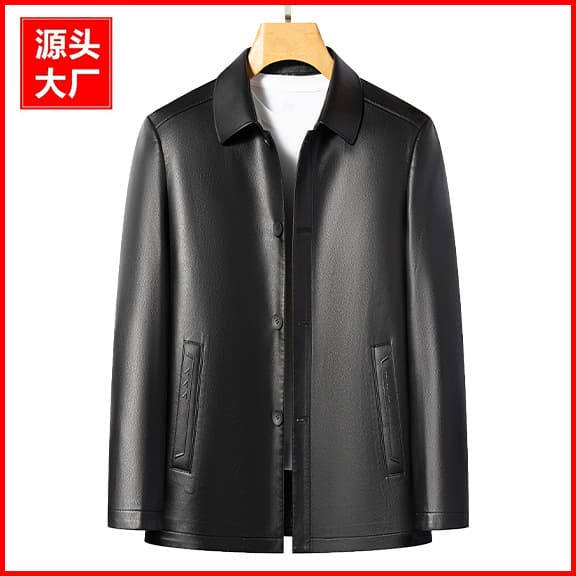 Yinuoboni | Men's Leather Jacket Mid-Length Turn-Down Collar Button Closure Eco-Leather Coat Wholesale 2582