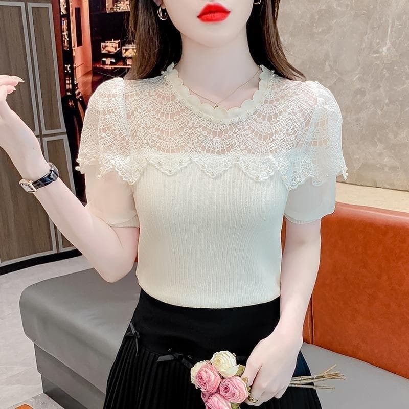 Designer Beaded Lace Patchwork Puff Sleeve Chiffon Blouse Women Summer Hollow Out Crochet Top Short Sleeve