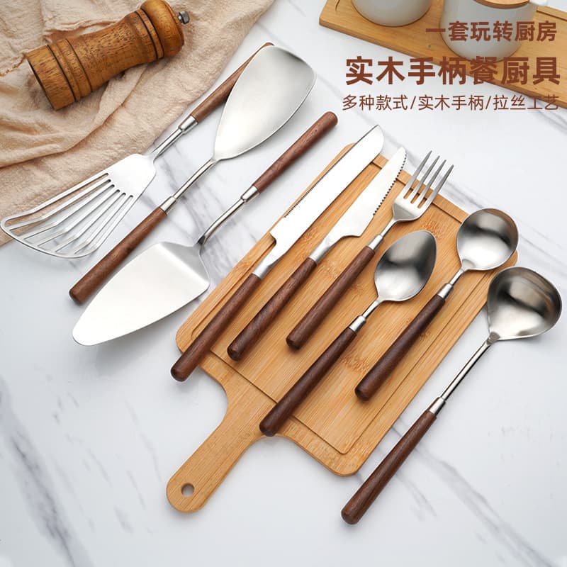 Wooden Handle Kitchen Utensils Set Home Use Light Luxury Vintage 304 Stainless Steel Knife Fork Spoon Spatula