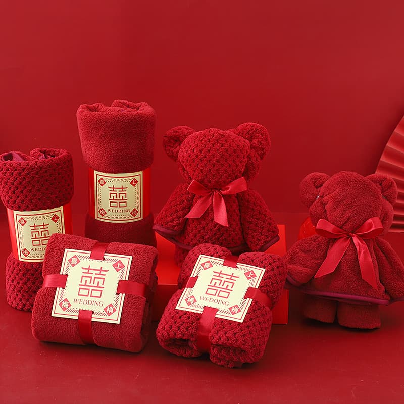 Wedding Favors "Double Happiness" Red Towels Wholesale, Engagement and Full Moon Return Gifts, Coral Fleece Towels