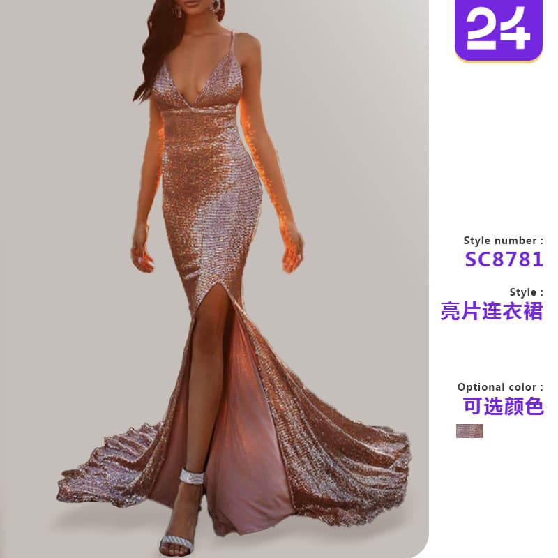 2026 New Cross-Border Women's Dress for Standalone Site, Sexy Sequin Fishtail Split Bodycon Halter Gown