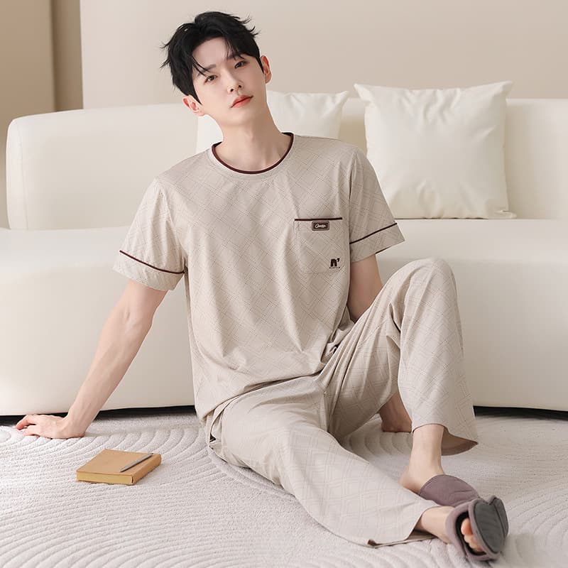 Men's Cooling Pajamas, Summer Thin Style, Lyocell Cotton Short-Sleeve Long Pants Casual Plus Size Set, Home Wear, Suitable for Outdoor Wear