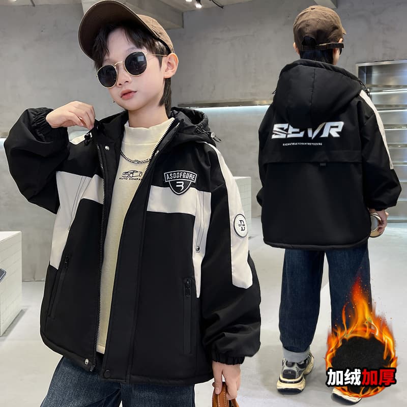 Kids Boys Fleece-Lined Parka Autumn Winter Jacket 2025 New Cotton Coat Medium Big Boys Thickened Windbreaker