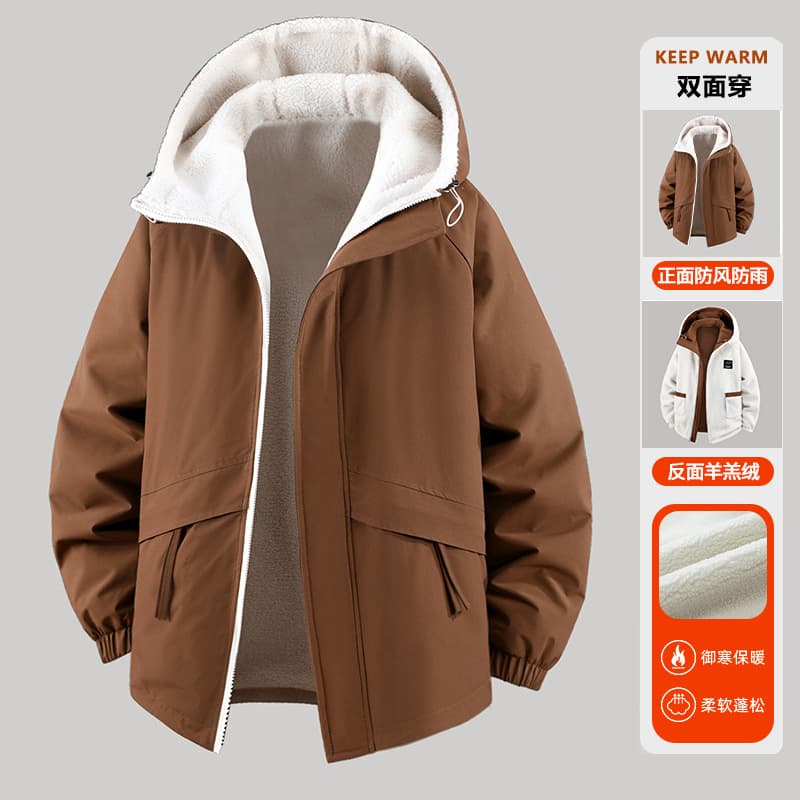 Plus Size Men's Lamb Wool Jacket Winter Fleece-Lined Loose Casual Hooded Jacket, Men's Reversible Windproof Design