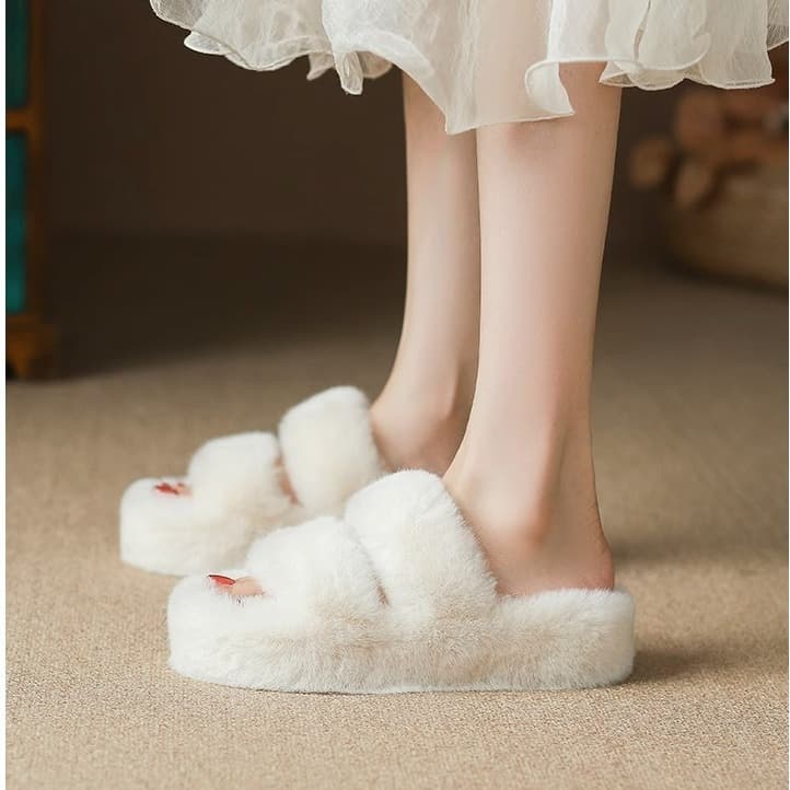 2024 Spring/Autumn New Platform Thick-Soled Height-Increasing Fluffy Cotton Slippers for Women, Indoor and Outdoor Wear Plush Slippers