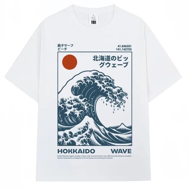 Japanese Style Hokkaido Wave Vintage T-Shirt Men Women Harajuku Fashion High Quality T-Shirt Oversized Cotton Summer T-Shirt