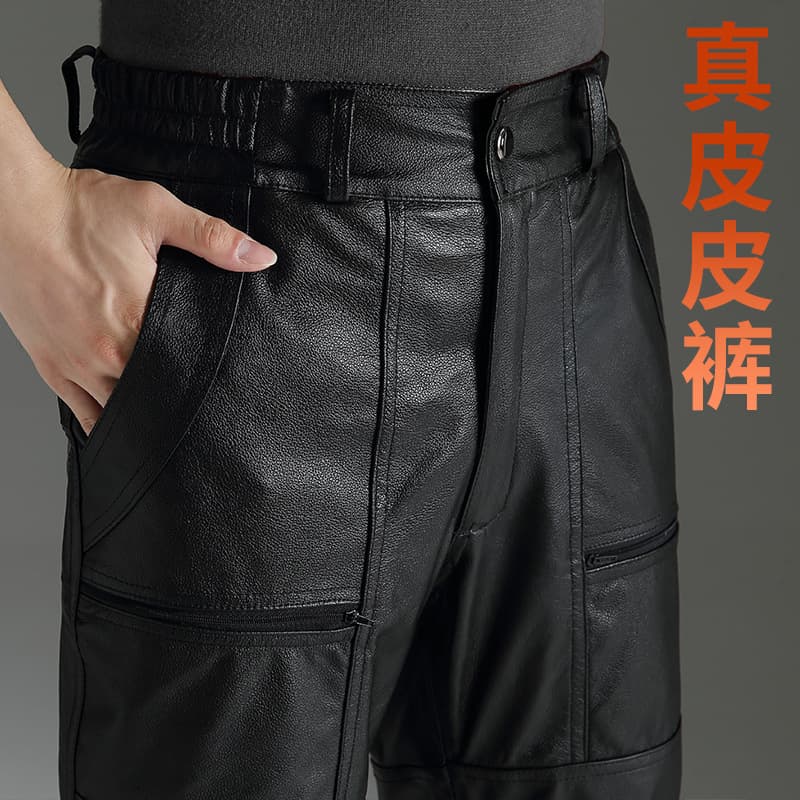 Haining top-grain cowhide leather trousers for middle-aged and elderly men, with fleece lining and thickened cotton padding, genuine leather trousers.