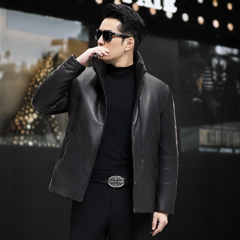 New Winter Men's Genuine Leather Down Jacket Sheepskin Coat Stand Collar Puffer Jacket Thick Short Style