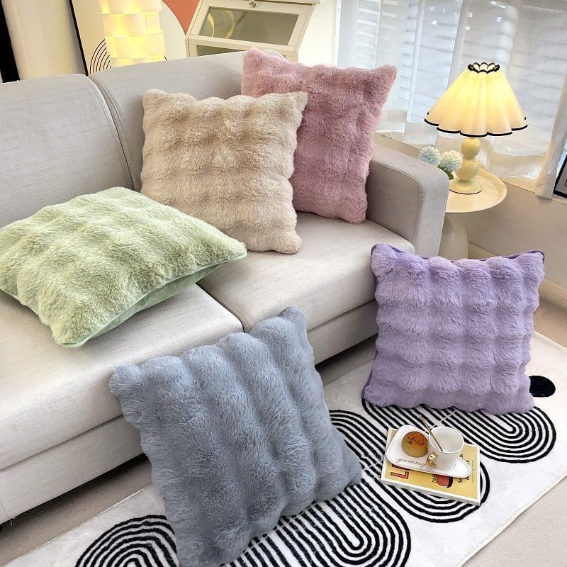 Nordic Instagram Style Square Faux Rabbit Fur Pillow, Luxury Living Room Sofa Cushion Cover, Thick Cream Backrest