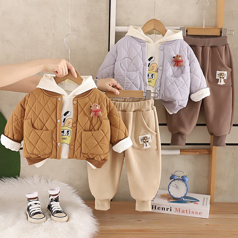 Boys Winter Set Baby Fleece Thickened Scarf Puppy 3-Piece Set Toddler Cotton Padded Jacket Hoodie Warm Outerwear Trendy