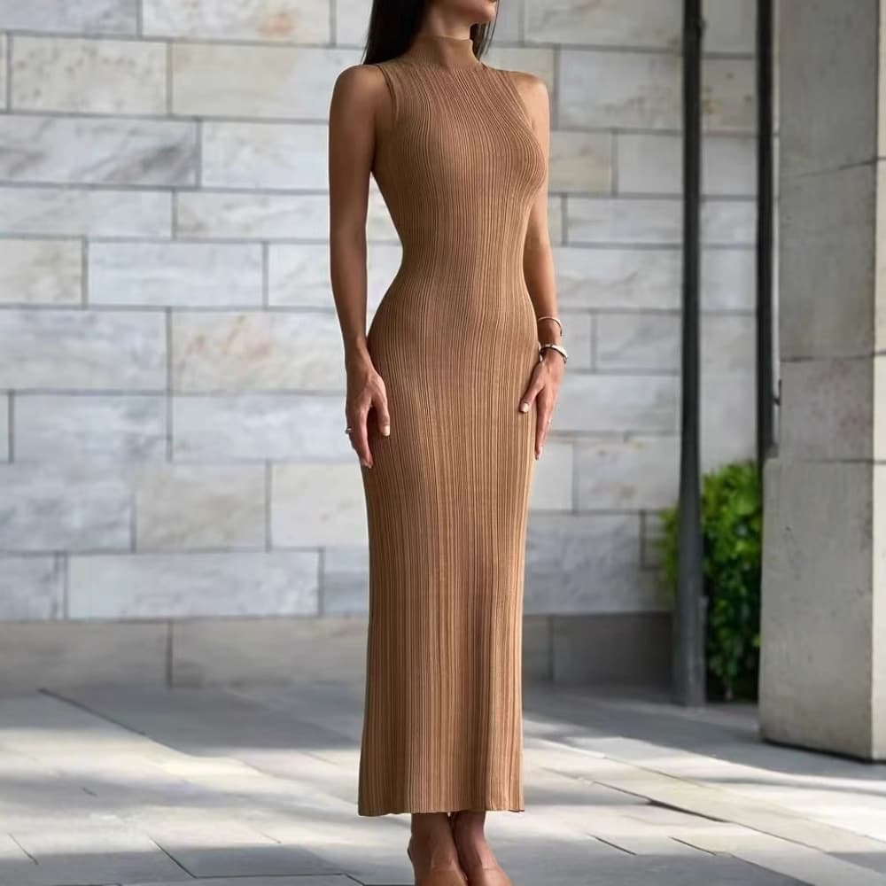 Cross-border European and American knitted turtleneck sleeveless tight skirt spring and summer new style mid-length skirt elegant French European and American dress for women