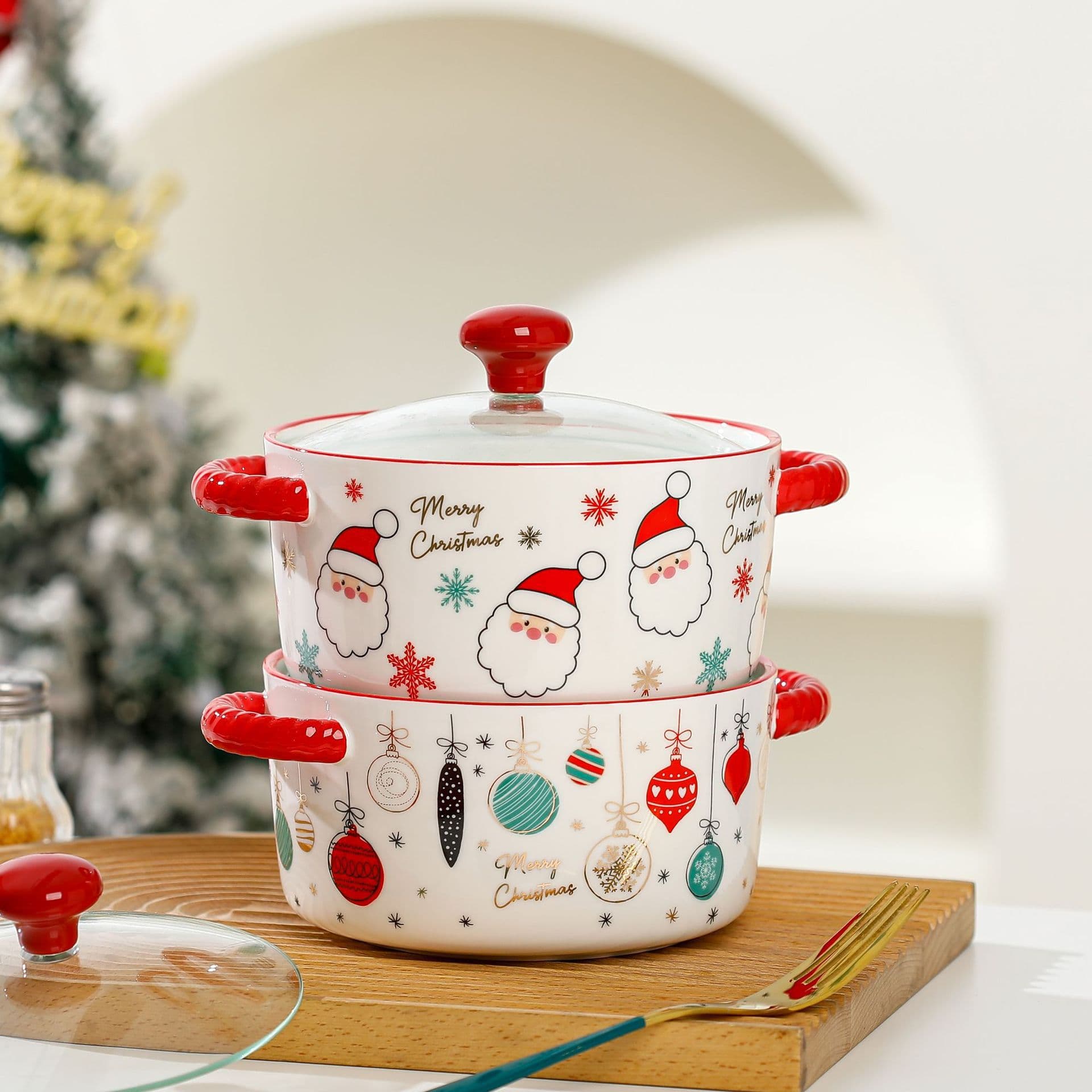 Cross-Border Christmas Gift Ceramic Noodle Bowl with Lid, Customizable Logo, for Students, Dormitory, Christmas Souvenir